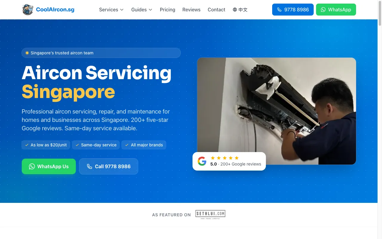 coolaircon.sg homepage — aircon servicing site built by pixel