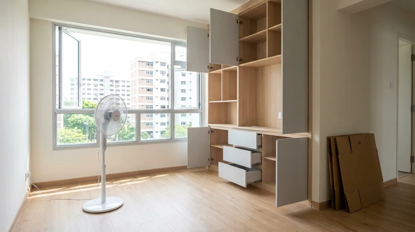 A newly renovated HDB living room airing out: pedestal fan at a wide-open window, built-in cabinet doors and drawers all left open